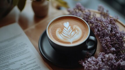 Poster - Delight in a cozy moment as a creamy latte sits elegantly in a black cup, complimented by fresh lilacs. Sunlight streams in, creating a peaceful atmosphere perfect for relaxation