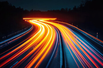Aufkleber - Abstract neon light trails in vibrant motion, forming dynamic curved lines against a black background, symbolizing high-speed technology,futuristic data flow, digital communication. Banner. Copy space