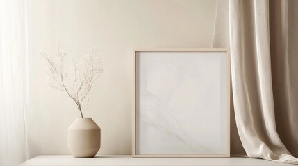 Poster - A serene corner emphasizes minimalist aesthetics, featuring a textured vase with a delicate branch and a framed artwork. Light flows gently, enhancing the peaceful ambiance