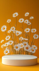 Poster - White daisies with yellow centers stand tall, creating a lively display against a bright yellow backdrop. This delightful arrangement brings a sense of cheerfulness and natural beauty