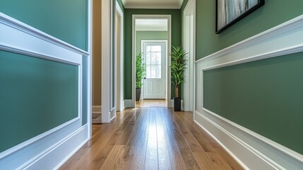 Leinwandbilder - Sunlight streams through a doorway, illuminating an inviting hallway adorned with green walls and natural elements. A touch of greenery enhances the tranquil ambiance of the space