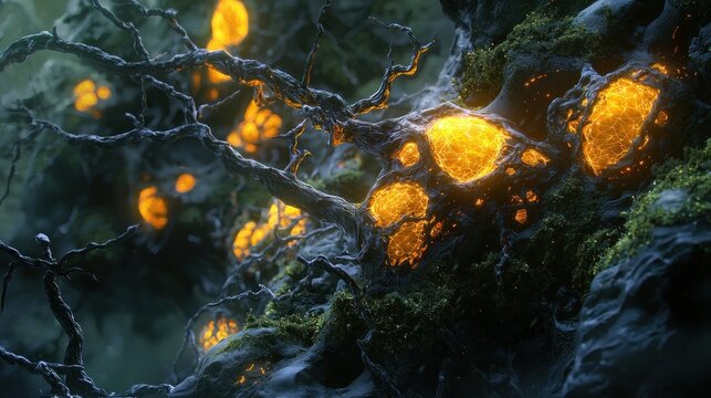 Glowing orange orbs within dark, intricate, organic structure.