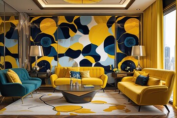 Poster - Trendy Abstract Pattern in a Gleaming Yellow Lounge Interior