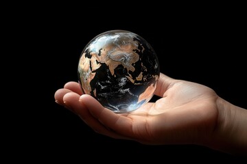 hand holding a glowing earth globe against a black background.