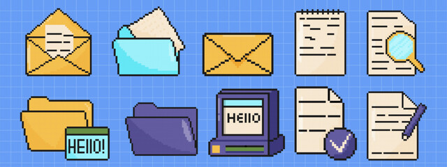 Poster - File folders set. Pixel art objects. Old school 8 bit computer graphic style.
