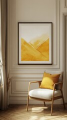 Poster - Soft golden tones fill the space with warmth, as a cozy chair sits beside elegant drapes. An abstract painting on the wall enhances the inviting ambiance, making it a perfect retreat