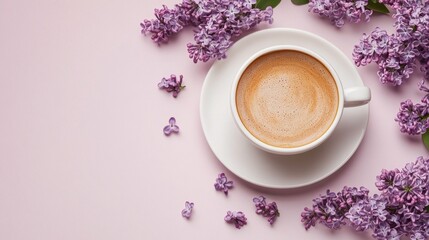 Aufkleber - A delicate white cup filled with rich coffee sits on a matching saucer surrounded by beautiful lilac flowers on a soft pink surface, creating a tranquil and inviting atmosphere