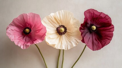 Aufkleber - Three poppies in soft shades of pink, cream, and deep burgundy display their textured petals and striking center in a harmonious composition. Nature's beauty flourishes in this gentle still life