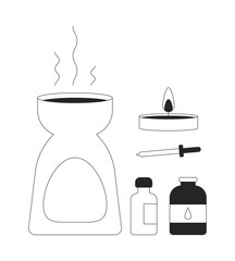 Poster - Aromatherapy essentials 2D line objects set. Oil burner, tealight candle, dropper, essential oil bottles isolated cliparts vector ink outline items. Monochrome spot illustrations collection