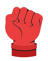 Poster - Raised red fist symbolizing power and protest vector illustration. Activism and revolution. Solidarity, resistance. Clenched fist 2D cartoon image isolated on white. Editable flat clipart colorful
