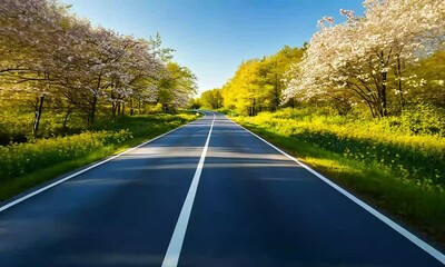 Wall Mural - Serene Spring Road Surrounded by Beautiful Flowering Trees and Lush Greenery Under a Clear Blue Sky