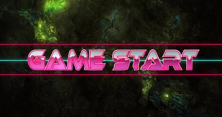 Poster - Animation of Game Start text in bold pink over dark background with green highlights