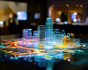 Poster - A 3D holographic city grid showing interactive real estate analytics.