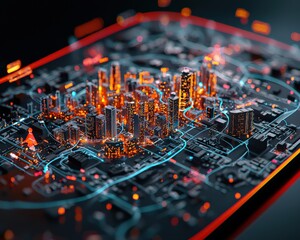 Poster - A 3D holographic city grid showing interactive real estate analytics.