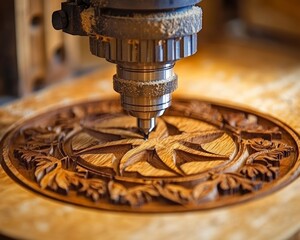 Poster - CNC Router Engraving Intricate Floral Design on Wood, Precision Woodworking and Carving in Action