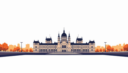 Poster - Flat vector illustration of EU Parliament building in urban setting, architecture