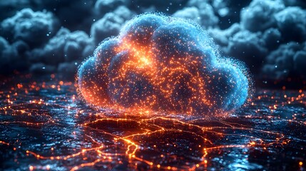 Poster - Glowing holographic globe emerging from a cloud with data trails connecting regions in vivid colors