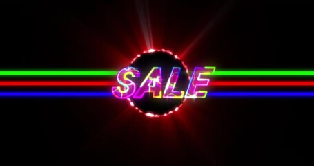 Poster - Glowing neon SALE animation with colorful stripes on black background