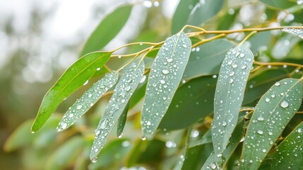 dew-covered eucalyptus leaves after rain.