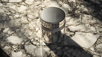 Poster - Modern stainless steel pitcher resting on elegant marble countertop surrounded by natural light and minimalist decor