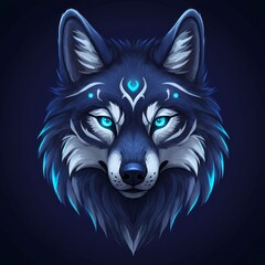 mystical wolf face glowing blue illustration on dark background artwork