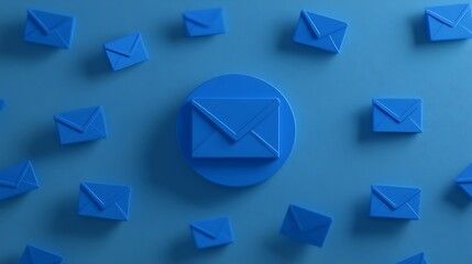 Poster - Blue Email Icon Surrounded by Miniature Mail Symbols on a Soft Blue Background for Digital Communication Concept