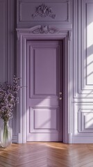 Poster - Sunlight filters through ornate windows, casting gentle shadows on a lavender door, paired with a vase of fresh flowers, creating a tranquil atmosphere in the stylish room