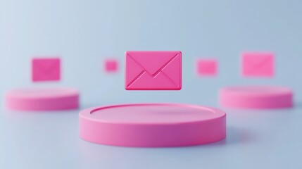 Poster - Bright Pink Email Icon Floating Above Colorful Platforms in a Minimalistic Background