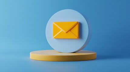 Poster - Colorful 3D Illustration of Email Icon on Circular Base and Bright Blue Background for Digital Communication