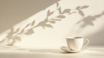 Aufkleber - A soft sunlight spills over a white cup and plate, casting intricate shadows of leaves on a smooth surface, creating a peaceful atmosphere perfect for reflection and relaxation