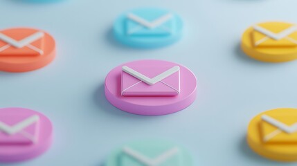 Poster - colorful email icons in circular shapes on a soft blue background for digital communication themes