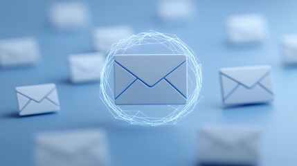 Poster - digital communication concept with 3d email icon surrounded by virtual connections in soft blue back