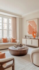 Poster - A beautifully designed living room showcases a harmonious blend of modern furniture and elegant decor. Sunlight streams through large windows, illuminating vibrant orange cushions and artwork