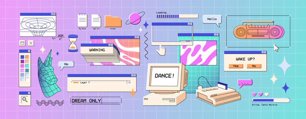 Leinwandbilder - Set of retro user interface design elements. UI items of vaporwave style. Digital frames, window of computer with icons, buttons, warning message. y2k software. Flat isolated vector illustrations