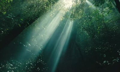 Wall Mural - Ethereal Sunlight Filtering Through Lush Green Forest Canopy Illuminating Serene Wilderness Scene in Early Morning Atmosphere