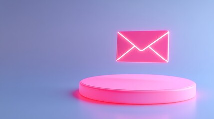 Poster - futuristic glowing envelope icon and circular podium in bright pink tones symbolizing digital commun