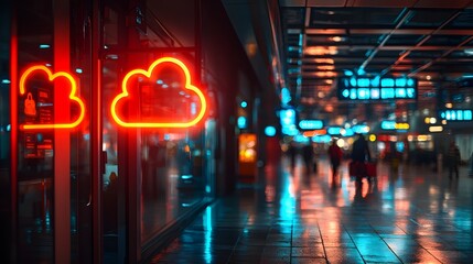 Poster - Futuristic airport terminal with holographic technology and glowing cloud displays