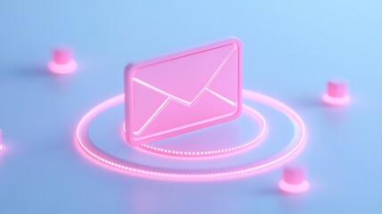 Poster - futuristic pink email icon surrounded by glowing circles on soft blue background for digital communi