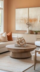 Poster - This inviting room features plush white sofas adorned with accent pillows, an elegant round coffee table, and rich earthy tones on the walls