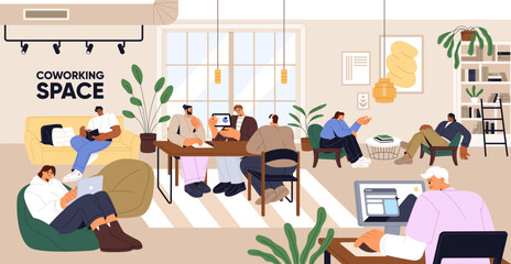 Fototapete - People work, relax in coworking open space. Colleagues communicate, discuss business startup in modern office. Workplaces in openspace with lounge area, workspace interior. Flat vector illustration