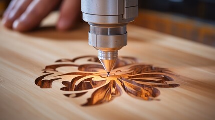 Poster - CNC Router Precision Intricate Design Carving into Wood, Craftsmanship and Technology