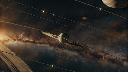 a glowing planetary disk floating in deep space, surrounded by cosmic nebulae and distant stars, off