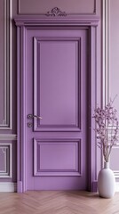 Aufkleber - A charming purple door stands out against soft wall moldings, complemented by a tall white vase holding delicate flowers, adding a touch of elegance to the room's ambiance
