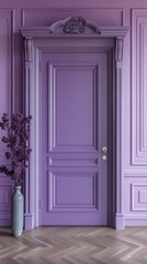 Poster - A stunning purple door graces a beautifully designed room with intricate moldings and a sleek vase of decorative branches, creating a harmonious ambiance