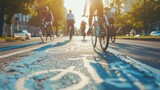 Group cycling through the sun-drenched city on a designated bicycle lane