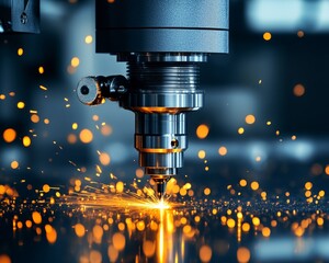 Poster - cnc milling machine cutting metal with sparks, industrial manufacturing process in action