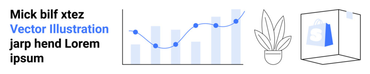 Poster - Bar and line chart with growth points, minimalist potted plant, and a cube display. Ideal for data visualization, analytics, business trends, growth tracking, presentations, marketing flat landing
