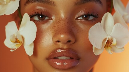 Poster - Captivating portrait showcases a model with glowing skin surrounded by delicate white orchids against a warm orange backdrop. This artistic representation highlights natural beauty and elegance