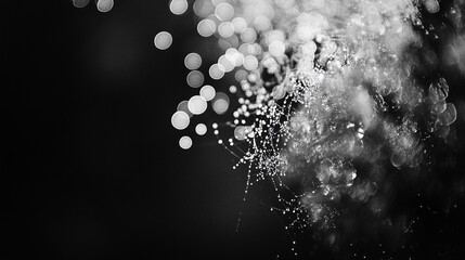A macro shot of a delicate spider web covered in tiny dewdrops, shining in monochrome.