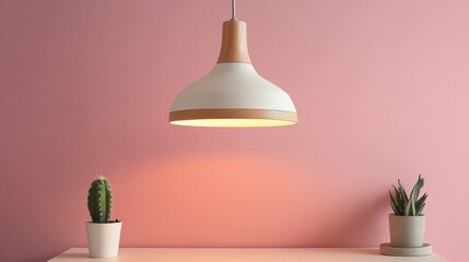 Poster - Soft light emanates from a modern pendant lamp, illuminating a simple wooden table. On the table, potted cacti add a touch of nature to the warm, inviting atmosphere with a pastel pink backdrop